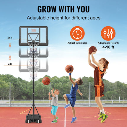 Basketball Hoop, 4-10 ft Adjustable Height Portable Backboard System, 44 inch Basketball Hoop & Goal, Kids & Adults Basketball Set with Wheels, Stand, and Fillable Base, for Outdoor/Indoor.