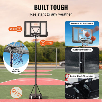 Basketball Hoop, 4-10 ft Adjustable Height Portable Backboard System, 44 inch Basketball Hoop & Goal, Kids & Adults Basketball Set with Wheels, Stand, and Fillable Base, for Outdoor/Indoor.