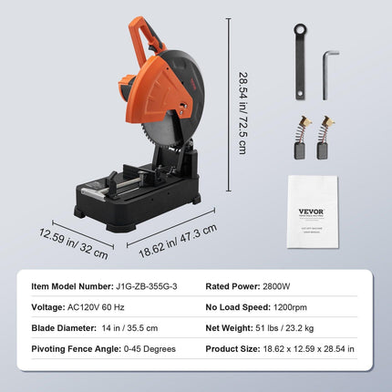 Chop Saw, 14"/355mm Blade Diameter Cut Off Saw, 2800W 1200RPM Steel Cutting Machine, Adjustable Dry Cut Chop Saw, Miter Saw for Cutting Metal Cold Cut Saw for Steel/Rebar/Iron/Aluminum.