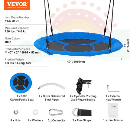 Tree Swing, 40 Inch Saucer Swing, 750lbs Weight Capacity, 900D Oxford Fabric Swing Seat with 2 Tree Hanging Straps and Adjustable Multi-Strand Ropes, Round Swing for Kids Outdoor, Blue.