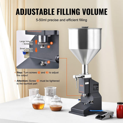 Pneumatic Paste Liquid Filling Machine, 5-50ml Bottle Filler, Bottle Filling Machine, Stainless Steel Liquid Filler with Pedal for Milk Water Juice Essential Oil Shampoo Cosmetic Honey Lotion.