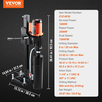 Diamond Core Drilling Machine, 8in Wet&Dry Concrete Core Drill Rig with Stand, 750RPM Speed & 1-1/4" 5/8" Thread & Lifting Handle, 8in Drilling Diameter for Concrete Brick Block Stone, 2500W.