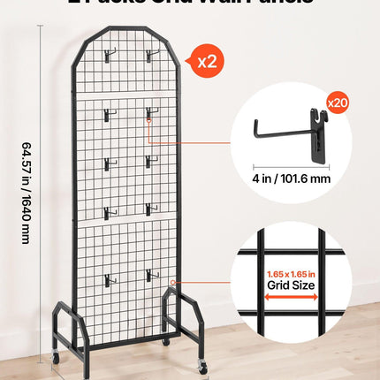 2 Packs Grid Wall Panels, 600 x 1640mm Wire Grid Panels Display Rack, Movable Art Display Shelf with Wheels and 20 Hooks, Black Carbon Steel Gridwall for Craft Show, Decor, Storage, Notice Board.