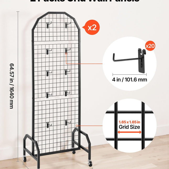 2 Packs Grid Wall Panels, 600 x 1640mm Wire Grid Panels Display Rack, Movable Art Display Shelf with Wheels and 20 Hooks, Black Carbon Steel Gridwall for Craft Show, Decor, Storage, Notice Board.