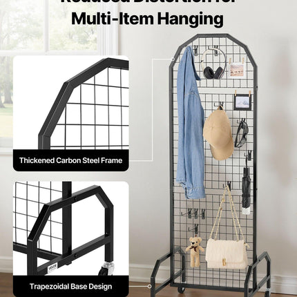 2 Packs Grid Wall Panels, 600 x 1640mm Wire Grid Panels Display Rack, Movable Art Display Shelf with Wheels and 20 Hooks, Black Carbon Steel Gridwall for Craft Show, Decor, Storage, Notice Board.