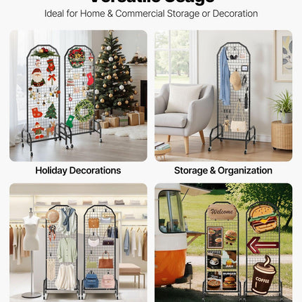 2 Packs Grid Wall Panels, 600 x 1640mm Wire Grid Panels Display Rack, Movable Art Display Shelf with Wheels and 20 Hooks, Black Carbon Steel Gridwall for Craft Show, Decor, Storage, Notice Board.