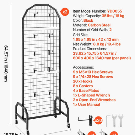 2 Packs Grid Wall Panels, 600 x 1640mm Wire Grid Panels Display Rack, Movable Art Display Shelf with Wheels and 20 Hooks, Black Carbon Steel Gridwall for Craft Show, Decor, Storage, Notice Board.