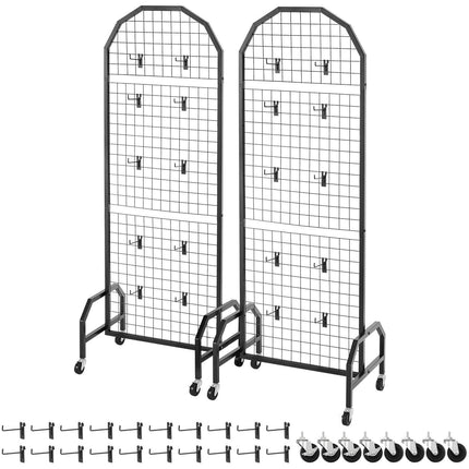 2 Packs Grid Wall Panels, 600 x 1640mm Wire Grid Panels Display Rack, Movable Art Display Shelf with Wheels and 20 Hooks, Black Carbon Steel Gridwall for Craft Show, Decor, Storage, Notice Board.