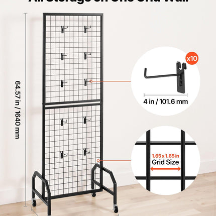 Grid Wall Panel, 600 x 1640 mm Wire Grid Panels Display Rack, Movable Art Display Shelf with Wheels and 10 Hooks, Black Carbon Steel Gridwall for Craft Show, Decoration, Storage, Notice Board.