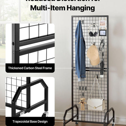 Grid Wall Panel, 600 x 1640 mm Wire Grid Panels Display Rack, Movable Art Display Shelf with Wheels and 10 Hooks, Black Carbon Steel Gridwall for Craft Show, Decoration, Storage, Notice Board.
