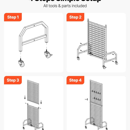 Grid Wall Panel, 600 x 1640 mm Wire Grid Panels Display Rack, Movable Art Display Shelf with Wheels and 10 Hooks, Black Carbon Steel Gridwall for Craft Show, Decoration, Storage, Notice Board.