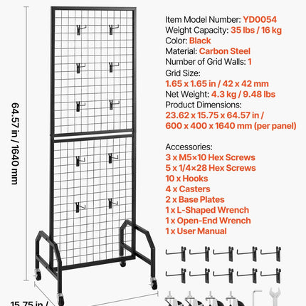Grid Wall Panel, 600 x 1640 mm Wire Grid Panels Display Rack, Movable Art Display Shelf with Wheels and 10 Hooks, Black Carbon Steel Gridwall for Craft Show, Decoration, Storage, Notice Board.