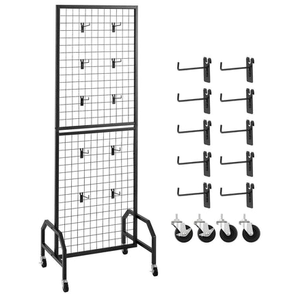 Grid Wall Panel, 600 x 1640 mm Wire Grid Panels Display Rack, Movable Art Display Shelf with Wheels and 10 Hooks, Black Carbon Steel Gridwall for Craft Show, Decoration, Storage, Notice Board.