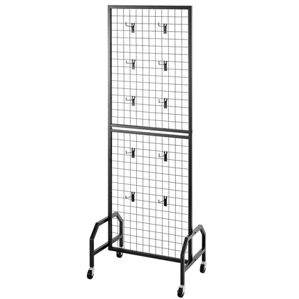 Grid Wall Panel, 600 x 1640 mm Wire Grid Panels Display Rack, Movable Art Display Shelf with Wheels and 10 Hooks, Black Carbon Steel Gridwall for Craft Show, Decoration, Storage, Notice Board.