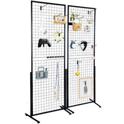 2' x 5.6' Grid Wall Panels Tower, 2 Packs Wire Gridwall Display Racks with T-Base Floorstanding, Double Side Gridwall Panels for Art Craft Shows, Retail Display with Extra Clips and Hooks.
