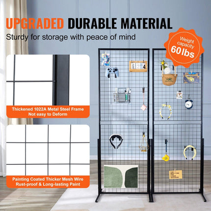 2' x 5.6' Grid Wall Panels Tower, 2 Packs Wire Gridwall Display Racks with T-Base Floorstanding, Double Side Gridwall Panels for Art Craft Shows, Retail Display with Extra Clips and Hooks.