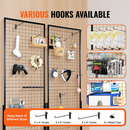 2' x 5.6' Grid Wall Panels Tower, 2 Packs Wire Gridwall Display Racks with T-Base Floorstanding, Double Side Gridwall Panels for Art Craft Shows, Retail Display with Extra Clips and Hooks.