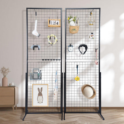 2' x 5.6' Grid Wall Panels Tower, 2 Packs Wire Gridwall Display Racks with T-Base Floorstanding, Double Side Gridwall Panels for Art Craft Shows, Retail Display with Extra Clips and Hooks.