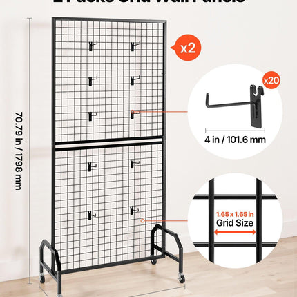 2 Packs Grid Wall Panels, 898 x 1798 mm Wire Grid Panels Display Rack, Movable Art Display Shelf with Wheels & 10 Hooks, Black Carbon Steel Gridwall for Craft Show, Decor, Storage, Notice Board.