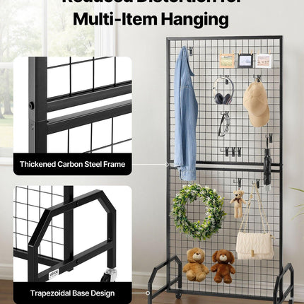 2 Packs Grid Wall Panels, 898 x 1798 mm Wire Grid Panels Display Rack, Movable Art Display Shelf with Wheels & 10 Hooks, Black Carbon Steel Gridwall for Craft Show, Decor, Storage, Notice Board.