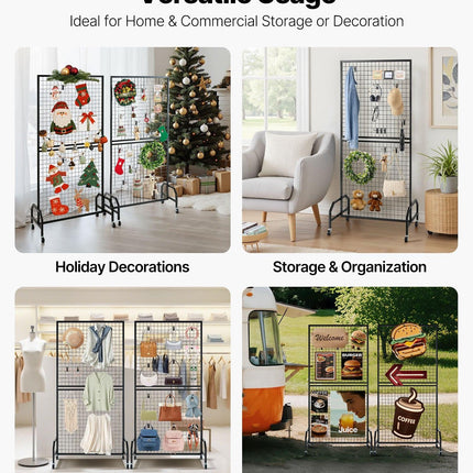 2 Packs Grid Wall Panels, 898 x 1798 mm Wire Grid Panels Display Rack, Movable Art Display Shelf with Wheels & 10 Hooks, Black Carbon Steel Gridwall for Craft Show, Decor, Storage, Notice Board.