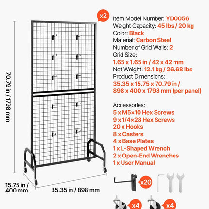2 Packs Grid Wall Panels, 898 x 1798 mm Wire Grid Panels Display Rack, Movable Art Display Shelf with Wheels & 10 Hooks, Black Carbon Steel Gridwall for Craft Show, Decor, Storage, Notice Board.