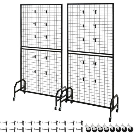 2 Packs Grid Wall Panels, 898 x 1798 mm Wire Grid Panels Display Rack, Movable Art Display Shelf with Wheels & 10 Hooks, Black Carbon Steel Gridwall for Craft Show, Decor, Storage, Notice Board.