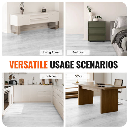 Interlocking Vinyl Floor Tiles 48 x 7.3 inch, 10 Tiles 5.5mm Thick Snap Together, Light Gray Wood Grain DIY Flooring for Kitchen, Dining Room, Bedrooms & Bathrooms, Easy for Home Decor.