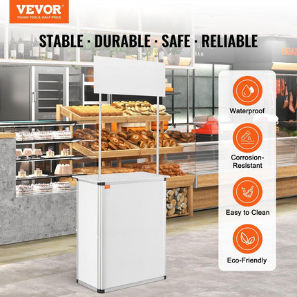 Portable Tradeshow Podium Table, 785 x 380 x 1815 mm, Display Exhibition Counter Stand Booth Fair with Wall, Foldable Promotion Retail Bar Table Pop Up Podium with Storage Rack/Carrying Bag.