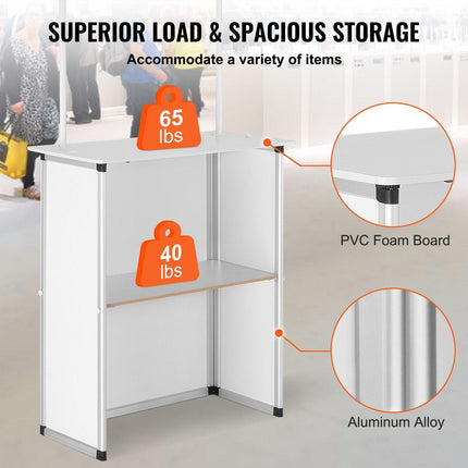 Portable Tradeshow Podium Table, 785 x 380 x 1815 mm, Display Exhibition Counter Stand Booth Fair with Wall, Foldable Promotion Retail Bar Table Pop Up Podium with Storage Rack/Carrying Bag.