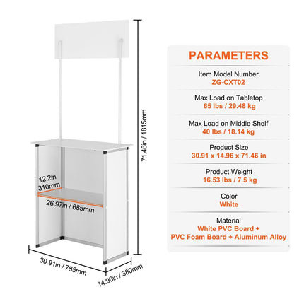 Portable Tradeshow Podium Table, 785 x 380 x 1815 mm, Display Exhibition Counter Stand Booth Fair with Wall, Foldable Promotion Retail Bar Table Pop Up Podium with Storage Rack/Carrying Bag.