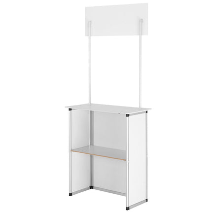 Portable Tradeshow Podium Table, 785 x 380 x 1815 mm, Display Exhibition Counter Stand Booth Fair with Wall, Foldable Promotion Retail Bar Table Pop Up Podium with Storage Rack/Carrying Bag.