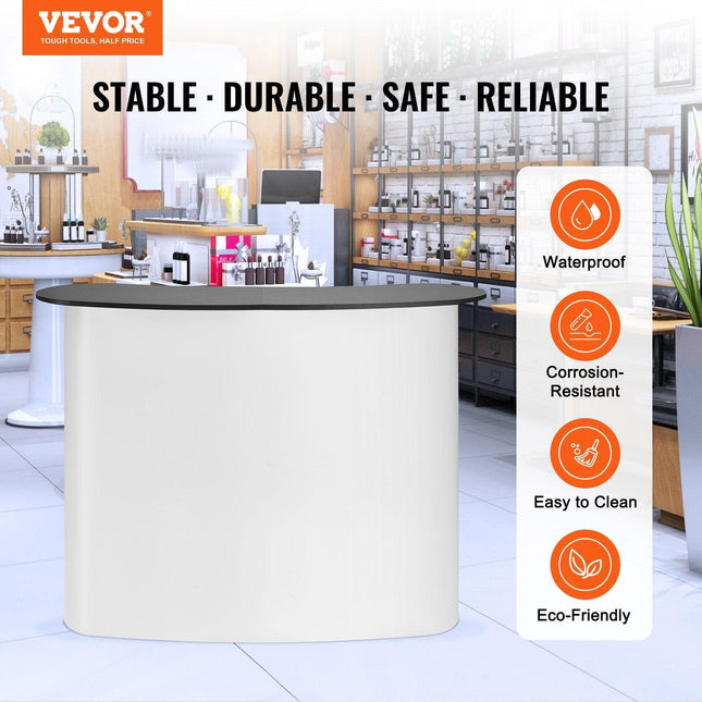 Portable Tradeshow Podium Table, 1300 x 465 x 950 mm, Display Exhibition Counter Stand Booth Fair with Wall, Foldable Promotion Retail Bar Table Pop Up Podium with Storage Rack, Carrying Bag.