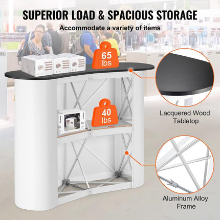 Portable Tradeshow Podium Table, 1300 x 465 x 950 mm, Display Exhibition Counter Stand Booth Fair with Wall, Foldable Promotion Retail Bar Table Pop Up Podium with Storage Rack, Carrying Bag.