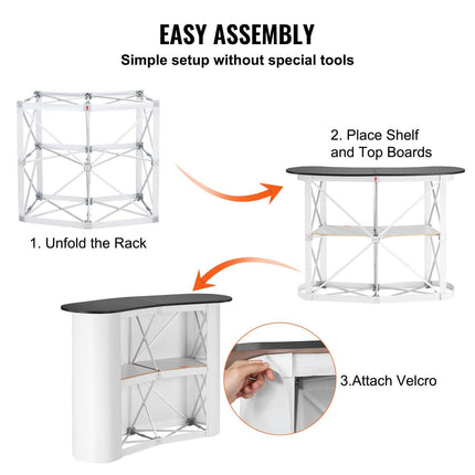 Portable Tradeshow Podium Table, 1300 x 465 x 950 mm, Display Exhibition Counter Stand Booth Fair with Wall, Foldable Promotion Retail Bar Table Pop Up Podium with Storage Rack, Carrying Bag.