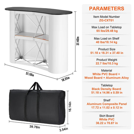 Portable Tradeshow Podium Table, 1300 x 465 x 950 mm, Display Exhibition Counter Stand Booth Fair with Wall, Foldable Promotion Retail Bar Table Pop Up Podium with Storage Rack, Carrying Bag.