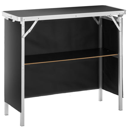 Folding Portable Bar Table, Tradeshow Podium Table for Indoor, Outdoor, Party, Picnic, Exhibition, Includes Carrying Case, Storage Shelf and Black Skirt, 38.39" x 15.16" x 34.25“.