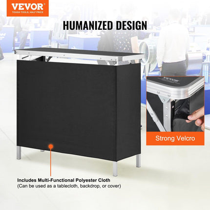 Folding Portable Bar Table, Tradeshow Podium Table for Indoor, Outdoor, Party, Picnic, Exhibition, Includes Carrying Case, Storage Shelf and Black Skirt, 38.39" x 15.16" x 34.25“.