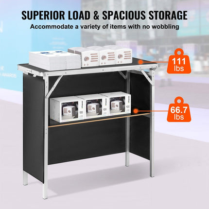 Folding Portable Bar Table, Tradeshow Podium Table for Indoor, Outdoor, Party, Picnic, Exhibition, Includes Carrying Case, Storage Shelf and Black Skirt, 38.39" x 15.16" x 34.25“.
