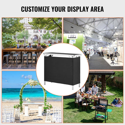 Folding Portable Bar Table, Tradeshow Podium Table for Indoor, Outdoor, Party, Picnic, Exhibition, Includes Carrying Case, Storage Shelf and Black Skirt, 38.39" x 15.16" x 34.25“.