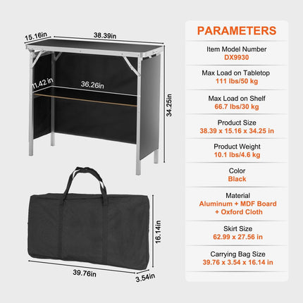 Folding Portable Bar Table, Tradeshow Podium Table for Indoor, Outdoor, Party, Picnic, Exhibition, Includes Carrying Case, Storage Shelf and Black Skirt, 38.39" x 15.16" x 34.25“.