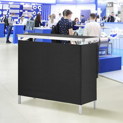 Folding Portable Bar Table, Tradeshow Podium Table for Indoor, Outdoor, Party, Picnic, Exhibition, Includes Carrying Case, Storage Shelf and Black Skirt, 38.39" x 15.16" x 34.25“.