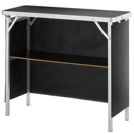 Folding Portable Bar Table, Tradeshow Podium Table for Indoor, Outdoor, Party, Picnic, Exhibition, Includes Carrying Case, Storage Shelf and Black Skirt, 38.39" x 15.16" x 34.25“.