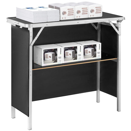 Folding Portable Bar Table, Tradeshow Podium Table for Indoor, Outdoor, Party, Picnic, Exhibition, Includes Carrying Case, Storage Shelf and Black Skirt, 38.39" x 15.16" x 34.25“.