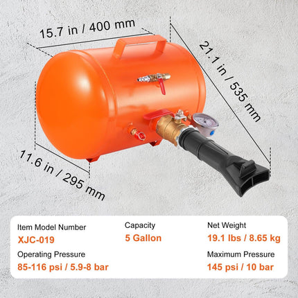 Tire Bead Seater, 5 Gal/19L Air Tire Bead Blaster with Pressure Gauge & Handle, 145 PSI Seating Tool Inflator Tank, 85-116 PSI Operating Pressure for Car Truck ATV.