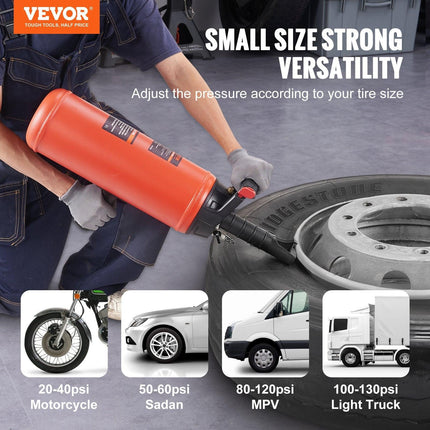 Tire Bead Seater, 2.4 Gal/9 L Air Tire Bead Blaster, 150 PSI Handheld Bead Bazooka, Portable Tire Inflator Tool, 87-116 PSI Operating Pressure for Tractor Truck ATV Car and Automobile Repair.