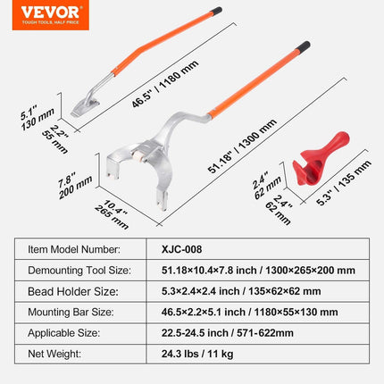 Tire Mount Demount Tool, 571-622 mm Manual Steel Tire Changer Mount Demount Removal Tool, with Extra Bead Holder, Tubeless Truck Bead Breaker, 3 PCS Tire Changing Tools, Orange.