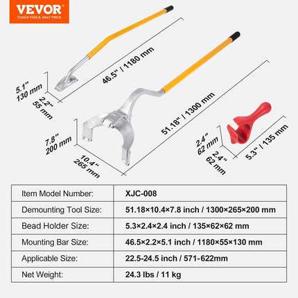 Tire Mount Demount Tool, 571- 622 mm Manual Steel Tire Changer Mount Demount Removal Tool, with Extra Bead Holder, Tubeless Truck Bead Breaker, 3 PCS Tire Changing Tools, Orange.