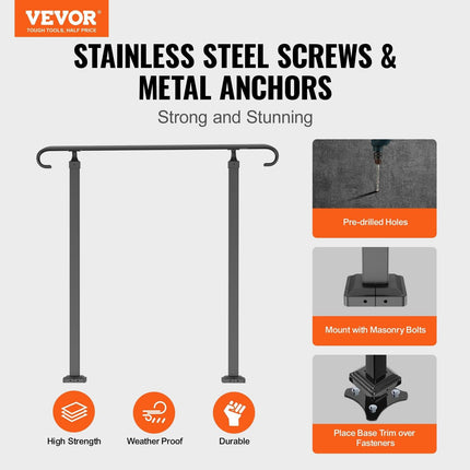 Handrails for Outdoor Steps, Fit 1-3 Steps Outdoor Stair Railing, Wrought Iron Handrail, Adjustable Front Porch Hand Rail, Black Transitional Hand railings for Concrete Steps or Wooden Stairs.
