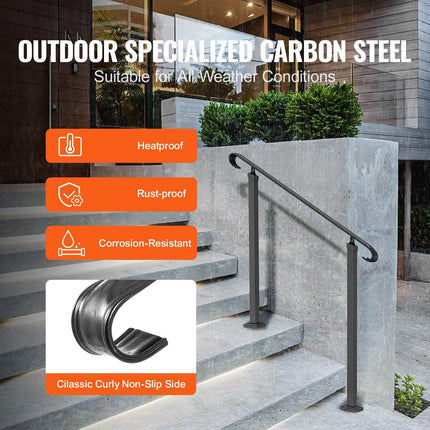 Handrails for Outdoor Steps, Fit 1-3 Steps Outdoor Stair Railing, Wrought Iron Handrail, Adjustable Front Porch Hand Rail, Black Transitional Hand railings for Concrete Steps or Wooden Stairs.
